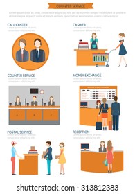 Counter Service Clerks At Work, Money Exchange, Cashier, Postal Service, Reception, Call Center, Vector Illustration.