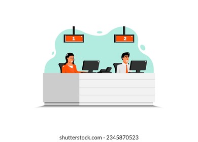 Counter service with employee on isolated background, Digital marketing illustration.