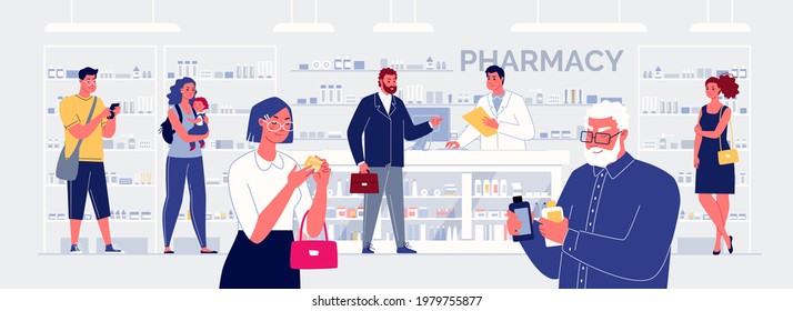 At the counter, a smiling pharmacist takes turns selling drugs to customers. Close-up: People in the pharmacy review the purchased medicines. Colored vector illustration in flat cartoon style.