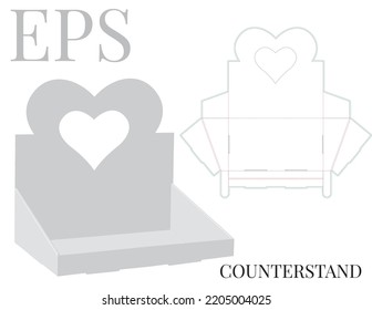 Counter stand with heart, vector with die cut, laser cut layers. Counter display, template. Header shelf box. White, clear, blank, isolated mock up on white background with perspective view