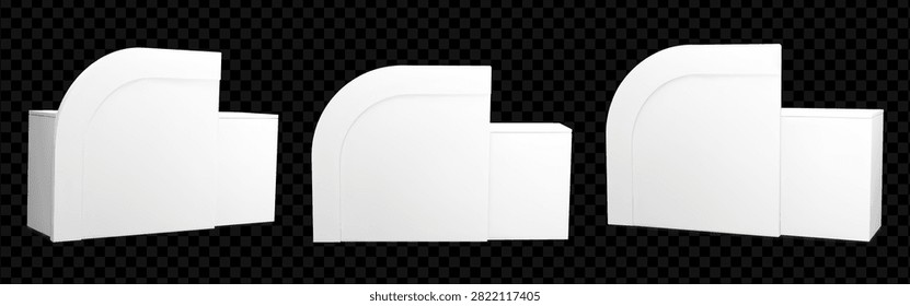 Counter table and 3d round desk for service booth or  reception mockup. Curve white cocktail stand mock up for tradeshow. Empty supermarket event or store business display stall or clinic area design.
