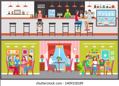 Counter and tables in cafe and bar or coffee house vector. Bartender or barista and visitors, desserts in showcase, family and friends eating out