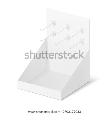 Counter top with hanging peg hook display box mockup. Vector illustration isolated on white background. Ready for your design. EPS10.	