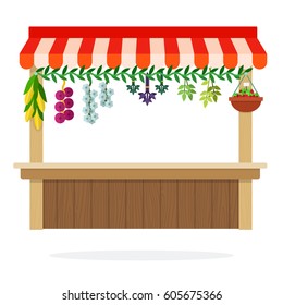 Counter of vegetable kiosk with suspended herbs onion and corn vector flat material design isolated on white