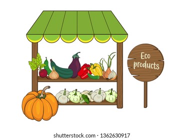 Counter with vegetables, pumpkin, zucchini, pepper, beet, onion for sales at the fair. Vector illustration