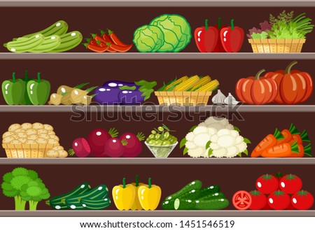 Counter with vegetables. Supermarket. Vector illustration