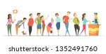 Counter and worker vector, people waiting in long line, tired man and woman, pet dog, senior lady with stick, teenager with rucksack. Market service