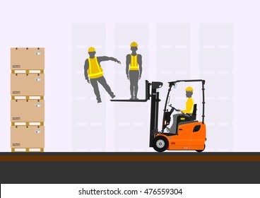 Counterbalance forklift truck lifting people on its fork. Flat vector