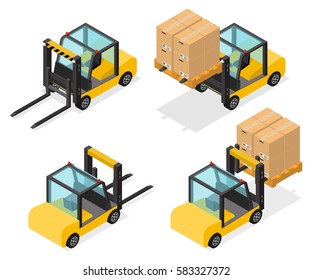 Counter-balanced Forklift truck with boxes in flat isometric style. Cargo handling equipment with goods. Warehouse icons. Isolated on white background. Vector illustratiom graphic.