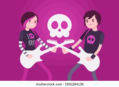 Counterculture Young People With Guitars, Emotional And Creative Emo Music. Teen Boy, Girl Playing Electroguitars, Subculture Fashion And Behavior, Skull Symbol. Vector Flat Style Cartoon Illustration