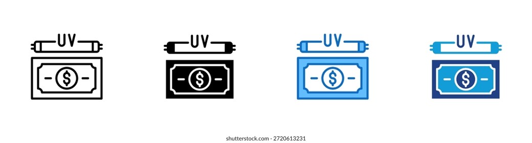 Vector de diseño de íconos de estilo múltiple de cheques falsificados: factura bajo luz UV que representa la detección de falsificaciones y la verificación de billetes