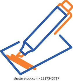 Counterfeit detector pen icon for money authentication. Blue and orange line art of a marker checking paper currency for fraud prevention.