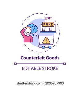 Counterfeit Goods Concept Icon. Typical Consumer Rights Violation Claim Idea Thin Line Illustration. Item From Lower Quality Components. Vector Isolated Outline RGB Color Drawing. Editable Stroke