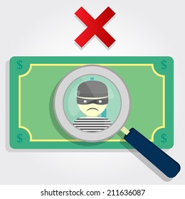 Counterfeit Money Or Stolen. A Magnifying Glass Focusing On A Thief With An X.