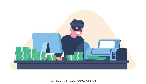 Counterfeiting money. Counterfeiter prints counterfeit cash on printer. Dollar banknotes stacks. Illegal finance. Fake currency. Criminal at computer. Financial fraud