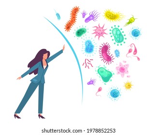 Countering Viruses. Fight Against Coronavirus. Barrier Between Woman And Pathogens. Vaccination And Medical Prevention. Immunity Protects Body From Germs. Vector Infections Protection