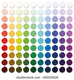 Counters - exactly one hundred round colorful plastic tokens sorted like a color swatch - from very bright to intense dark shades of all colors. Isolated vector illustration over white background.