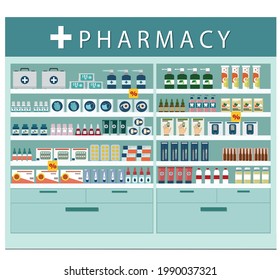 Counters, shelves with medicines, antiseptics, injections, vitamins, masks, devices.  Vector illustration in a flat style.