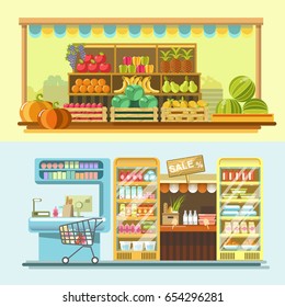 Counters of shop or store and supermarket product vector flat displays