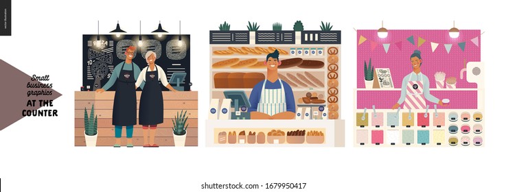 Counters -small business graphics. Modern flat vector concept illustrations -set of counters - pizza house, bakery, froxen yoghurt bar. Owners or vendors wearing apron at the counter