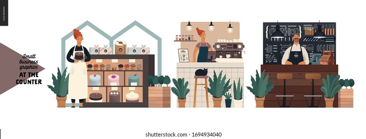 Counters -small business graphics. Modern flat vector concept illustrations -set of counters - cake shop, cat cafe, burger house. Owners wearing apron at the counter