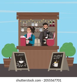 Counters Stalls. Stall with coffee and mulled wine. The guy and the girl sell. Vector illustration.