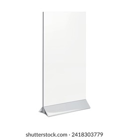 Countertop promotional banner stand realistic mockup. Table counter promo graphic holder vector mock-up. Blank white tradeshow display template