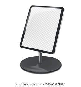 Countertop tablet holder podium stand with transparent screen vector mockup. Table digital display mock-up. Template for design