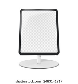 Countertop tablet holder podium stand on metal base with transparent screen vector mockup. Table digital display mock-up. Template for design