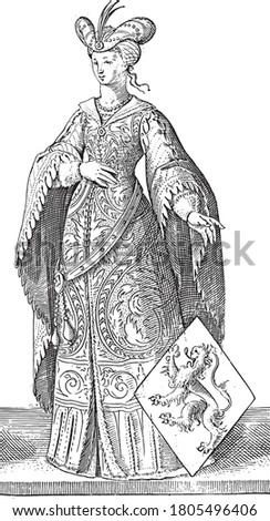 Countess Ada of Holland, full-length, with the shield of a climbing lion. At the bottom remains of a number: 4, vintage engraving.