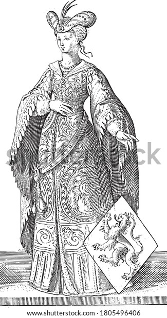Countess Ada of Holland, full-length, with the\
shield of a climbing lion. At the bottom remains of a number: 4,\
vintage engraving.