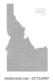 Die Grafschaften von Idaho USA haben eine sehr detaillierte graue Karte. Idaho bearbeitbare administrative Karte mit Territorialgrenzen und Bezirken Englisch Kennzeichnung Vektorgrafik