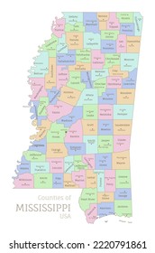 Counties of Mississippi, administrative map of USA federal state. Highly detailed color map of American region with territory borders and counties names labeled realistic vector illustration