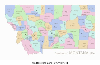 Counties of Montana, administrative map of USA federal state. Highly detailed color map of Montana American region with territory borders and counties names labeled vector illustration