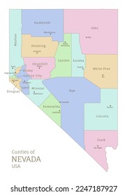 Counties of Nevada, administrative map of USA federal state. Highly detailed color map of American region with territory borders and counties names labeled vector illustration