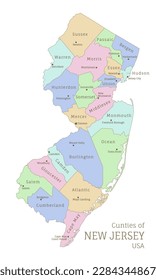 Counties of New Jersey administrative map of USA federal state. Highly detailed color map of New Jersey region with territory borders and counties names labeled realistic vector illustration