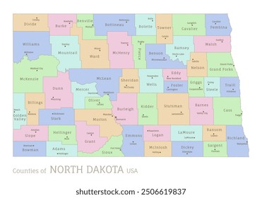 Counties of North Dakota administrative map of USA federal state. Highly detailed color map of North Dakota region with territory borders and counties names labeled realistic vector illustration