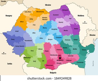 Counties of Romania colored by regions with neighbouring countries and territories vector map