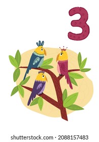 Counting from 1 to 10. Number 3, page with colorful illustration. Birds sitting on brunches. Preschool activity for kids. Illustration for books, posters, cards