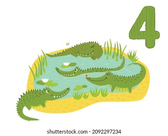 Counting from 1 to 10. Number 4, page with colorful illustration. Cute crocodiles in the water. Preschool activity for kids. Illustration for books, posters, cards