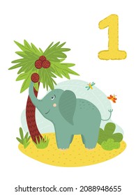 Counting from 1 to 10. Number 1, page with colorful illustration. Cute elephant with coconut. Preschool activity for kids