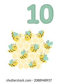 Counting from 1 to 10. Number 10, page with colorful illustration. Bees and honey. Composition for books, cards, posters