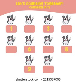 Counting in 1's printable worksheet for toddlers. Counting printable page farm animals. cute vector illustration file. Kawaii hand drawing vector.