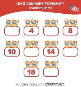 Contando en 2 con la Edición del Día de la Independencia de Estados Unidos. Un gatito dulce y kawaii de color naranja. Actividad matemática, escribir los números faltantes, multiples matemáticas en dos en el tema del 4 de julio. Página educativa. 