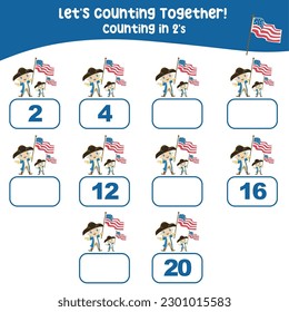 Counting in 2's with the American Independence Day Edition. Cute character of George Washington the first president of USA. Math activity, write the missing numbers, math multiples in two’s 