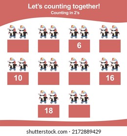 Counting in 2s. Unicorn theme. Educational printable math worksheet. Vector illustration.