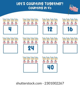 Counting in 4's with the American Independence Day Edition. A cute blonde girl wearing a liberty crown and holding an ice cream cone. Math activity, write the missing numbers, math multiples in 4s.