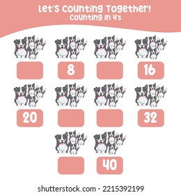 Counting in 4's printable worksheet for toddlers. Counting printable page farm animals. cute vector illustration file. Kawaii hand drawing vector.