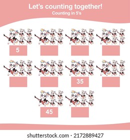 Counting in 5s. Unicorn theme. Educational printable math worksheet. Vector illustration.