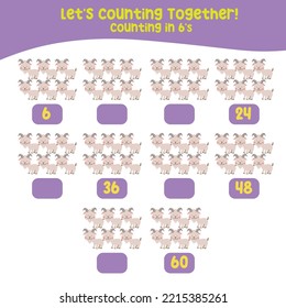 Counting in 6's printable worksheet for toddlers. Counting printable page farm animals. cute vector illustration file. Kawaii hand drawing vector.